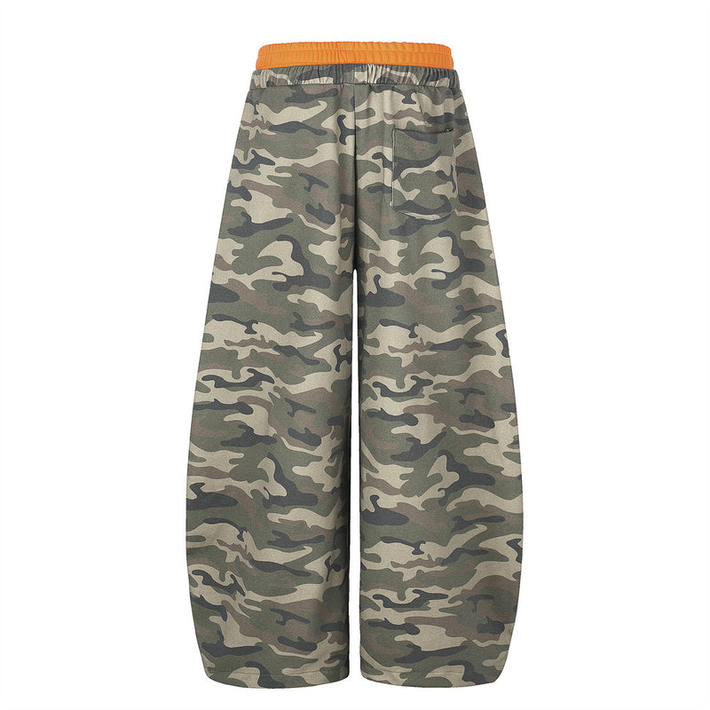 Camo Wide-Leg Sweatpants with Colorblock Orange Waistband and Patches