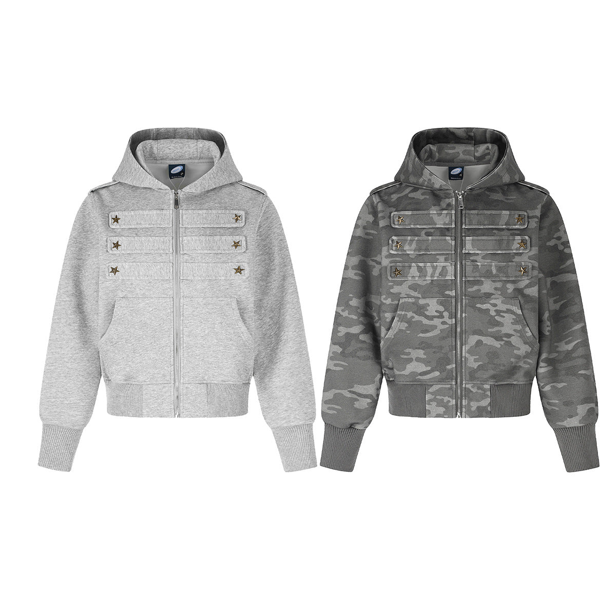 Military-Style Zip-Up Hoodie Jacket with Star Studs & Camo Print