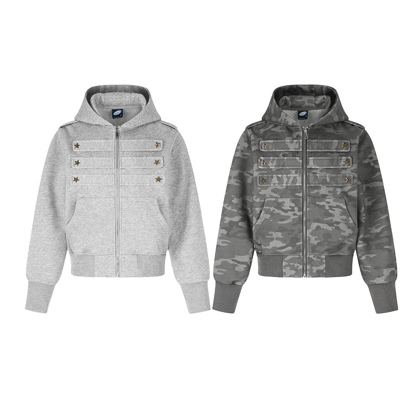 Military-Style Zip-Up Hoodie Jacket with Star Studs & Camo Print