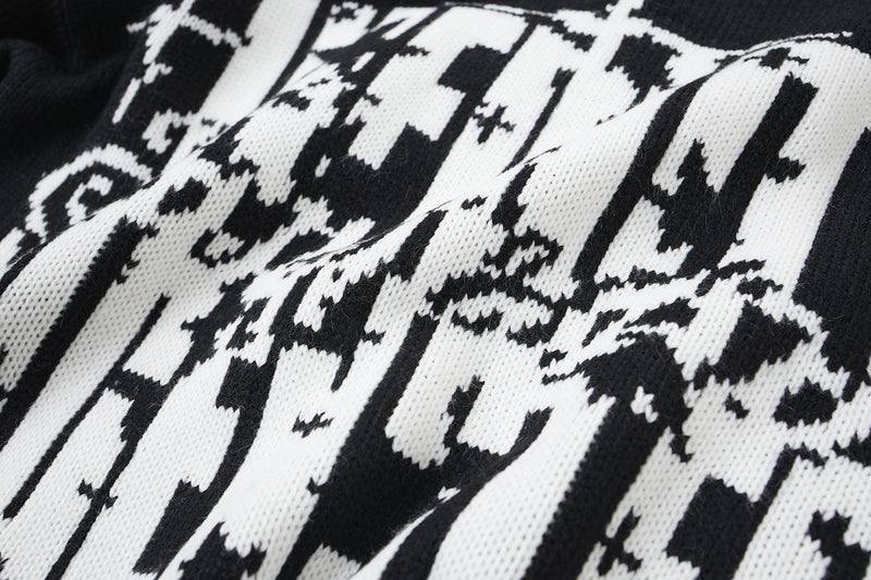 Pull col rond en maille – Graffiti usé, dégradé délavé à l’acide