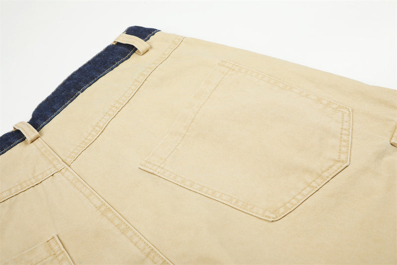 Herren-Cargohose in Khaki mit weitem, geradem Bein und kontrastierendem Denim-Bund