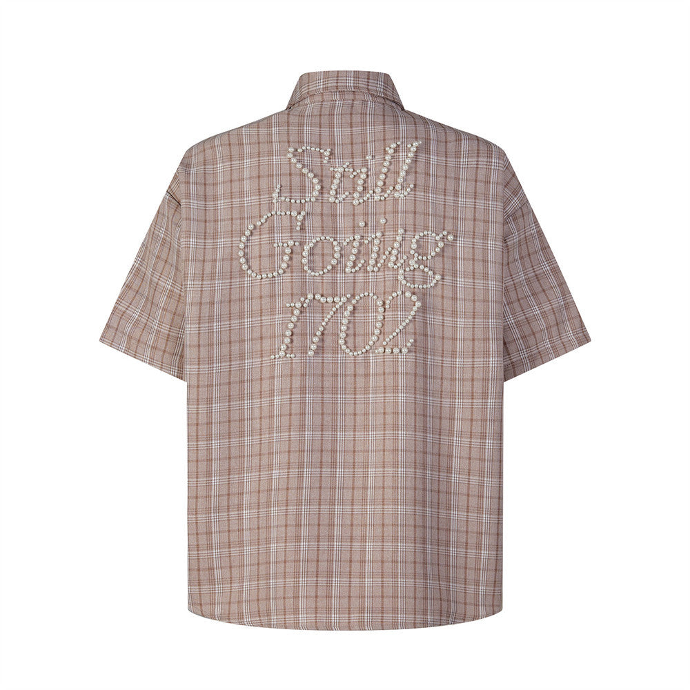 Oversized Plaid Short Sleeve Shirt with Pearl Bead Script Detail