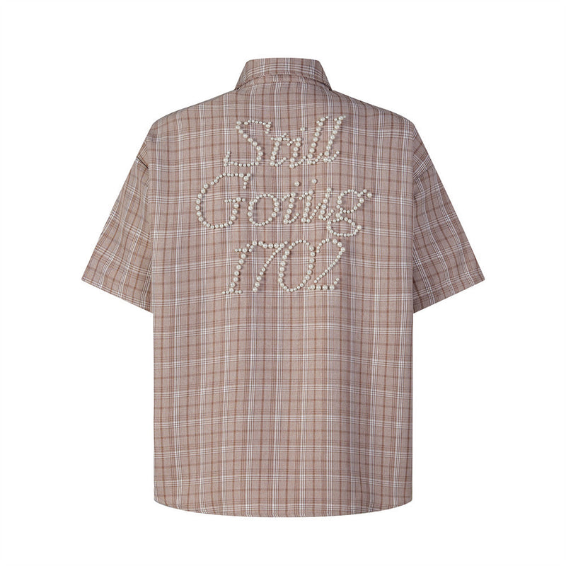 Oversized Plaid Short Sleeve Shirt with Pearl Bead Script Detail