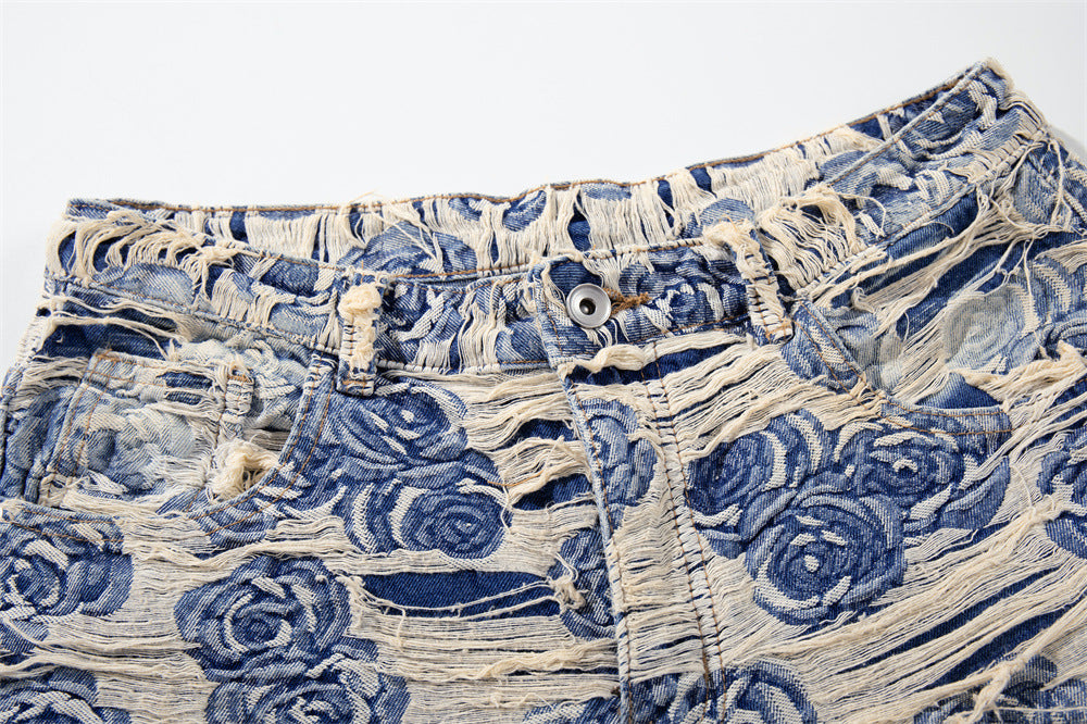 Rose Jacquard Distressed Wide-Leg Jeans – Blue Floral Fringe Denim