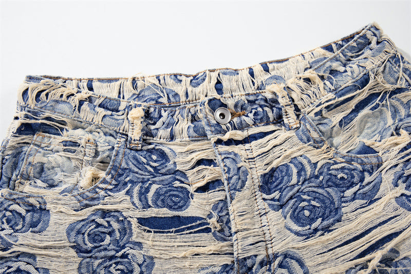 Rose Jacquard Distressed Wide-Leg Jeans – Blue Floral Fringe Denim