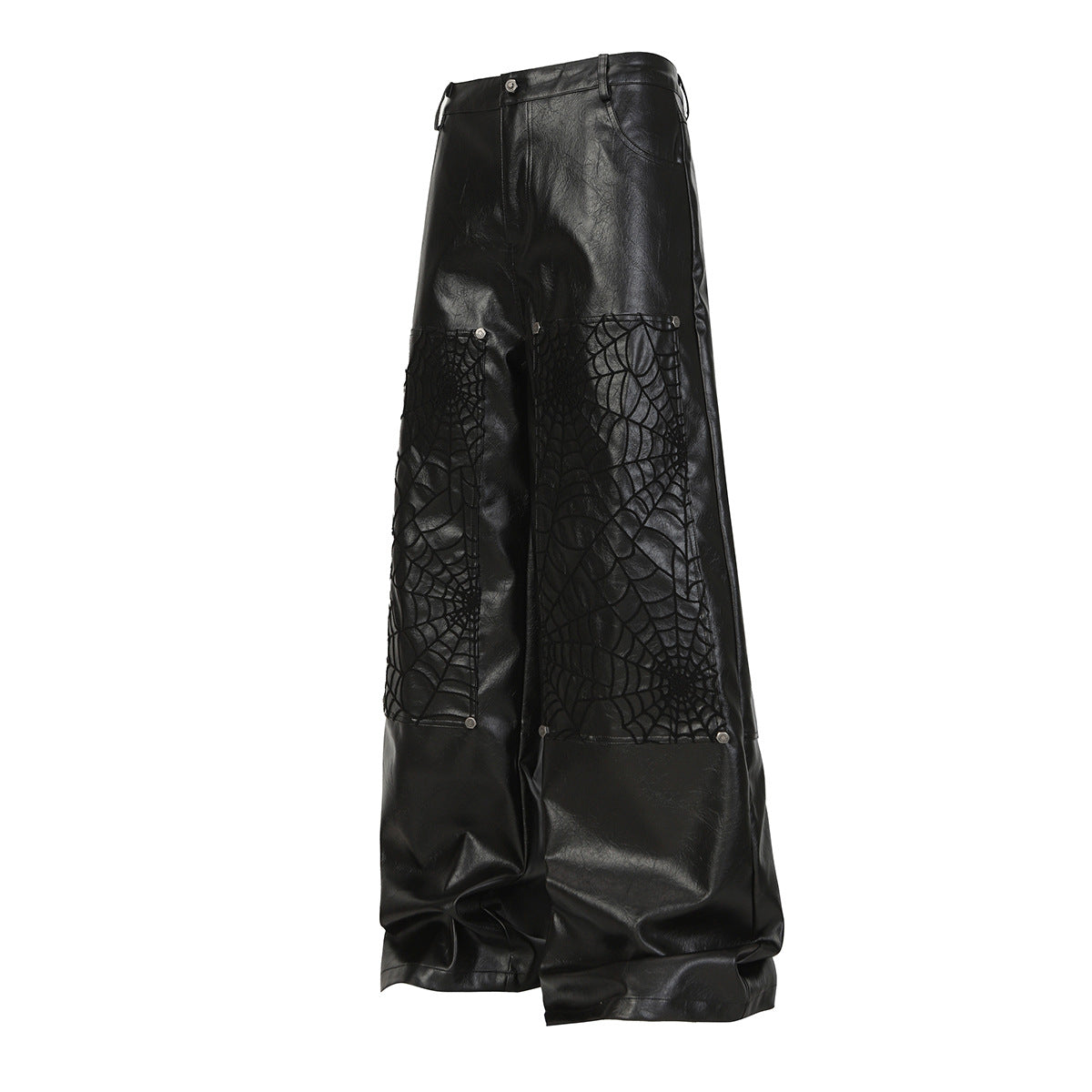 Wide-Leg Faux Leather Pants with Spiderweb Embossed Panels