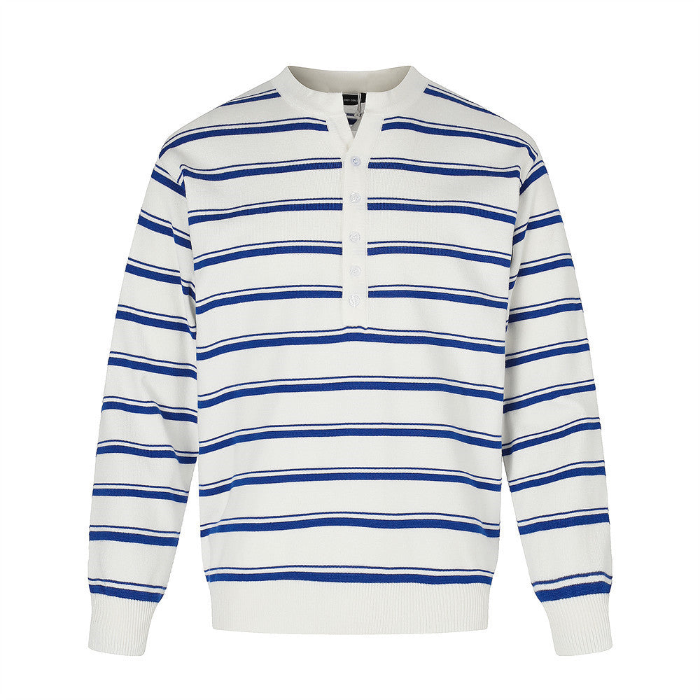 Pull polo homme en maille rayée à manches longues, avec patte de boutonnage mi-haute, à rayures horizontales bleues et blanches