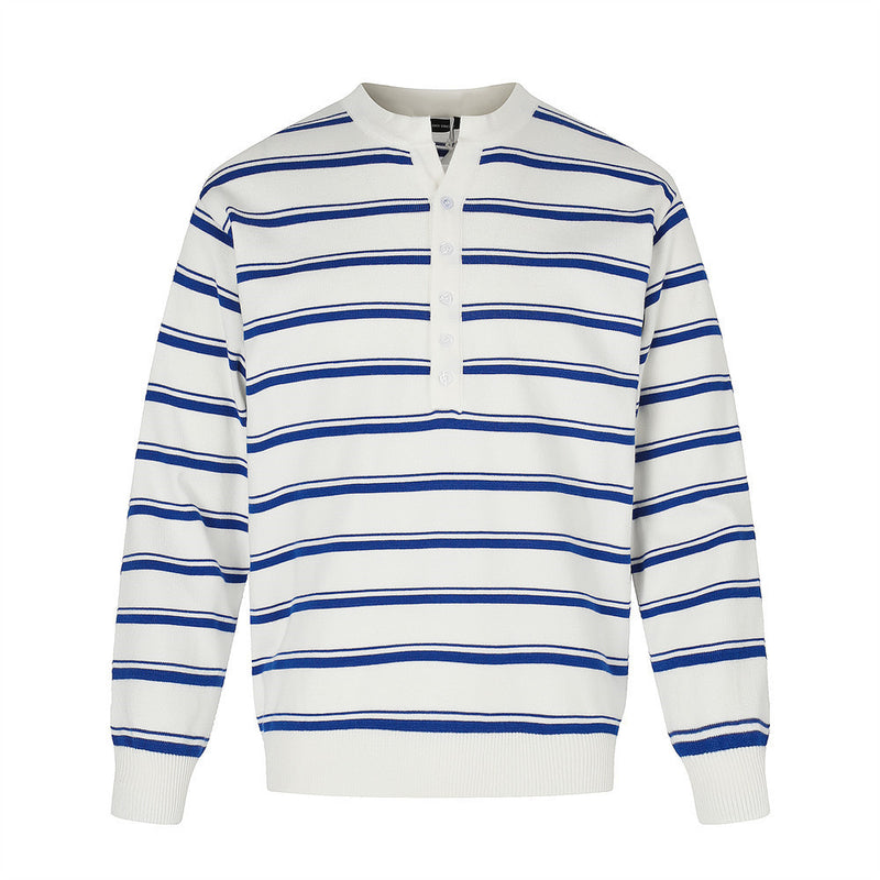 Pull polo homme en maille rayée à manches longues, avec patte de boutonnage mi-haute, à rayures horizontales bleues et blanches