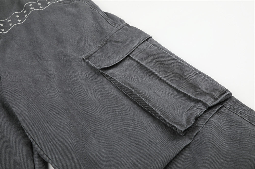Cargo Pants for Men Wide Leg Multi-Pocket Punk Belt Print Street Style