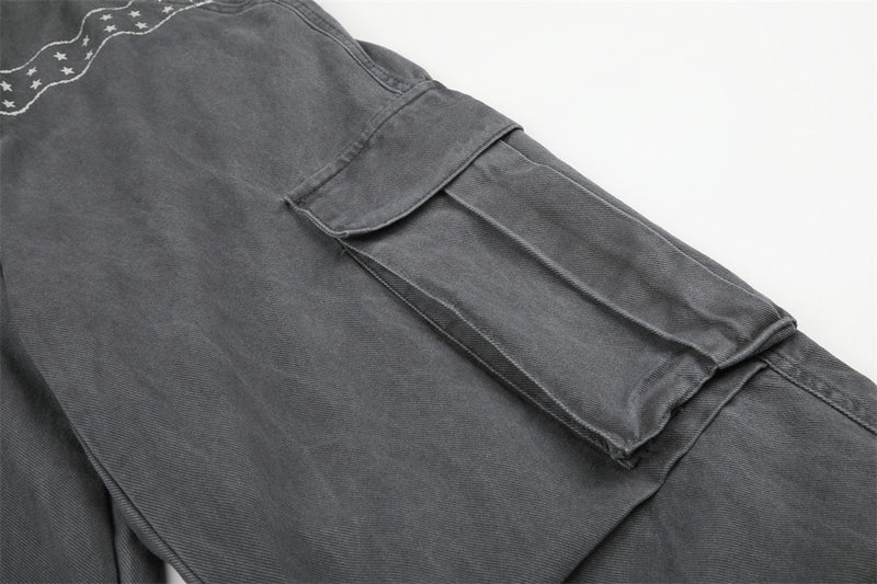 Cargo Pants for Men Wide Leg Multi-Pocket Punk Belt Print Street Style