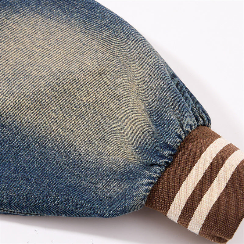 Vintage Washed Denim Sweatshirt – V-Neck Baseball Embroidery Oversized Pullover