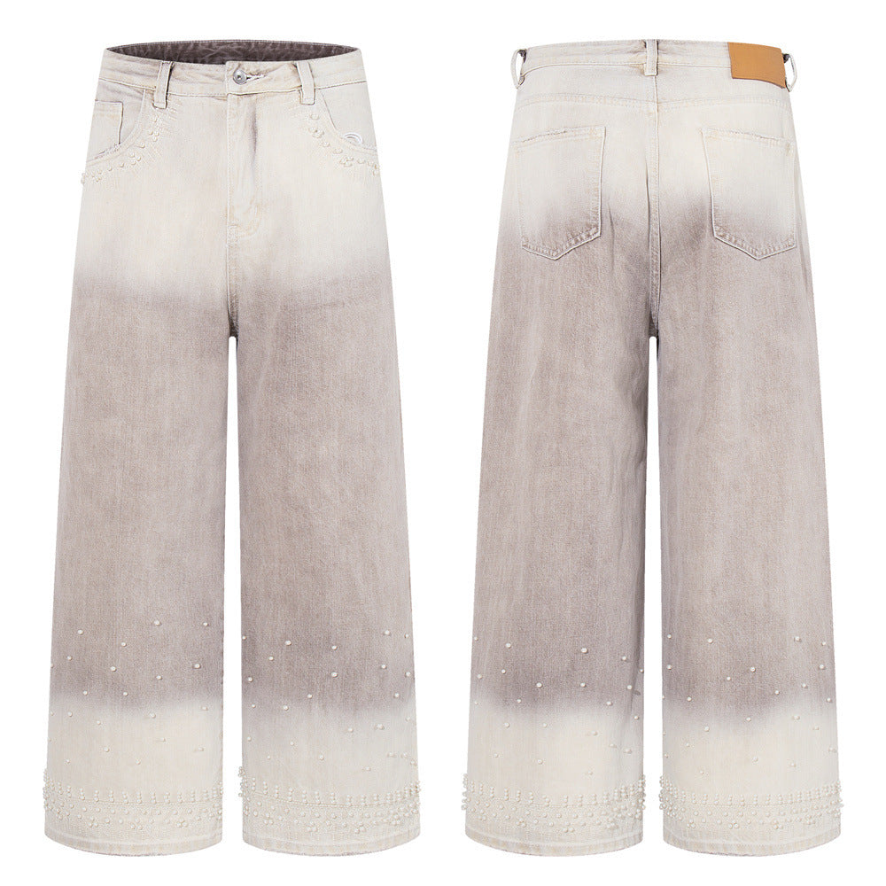 Wide-Leg Jeans – Gradient Tie-Dye Wash with Pearl Bead Embellishments
