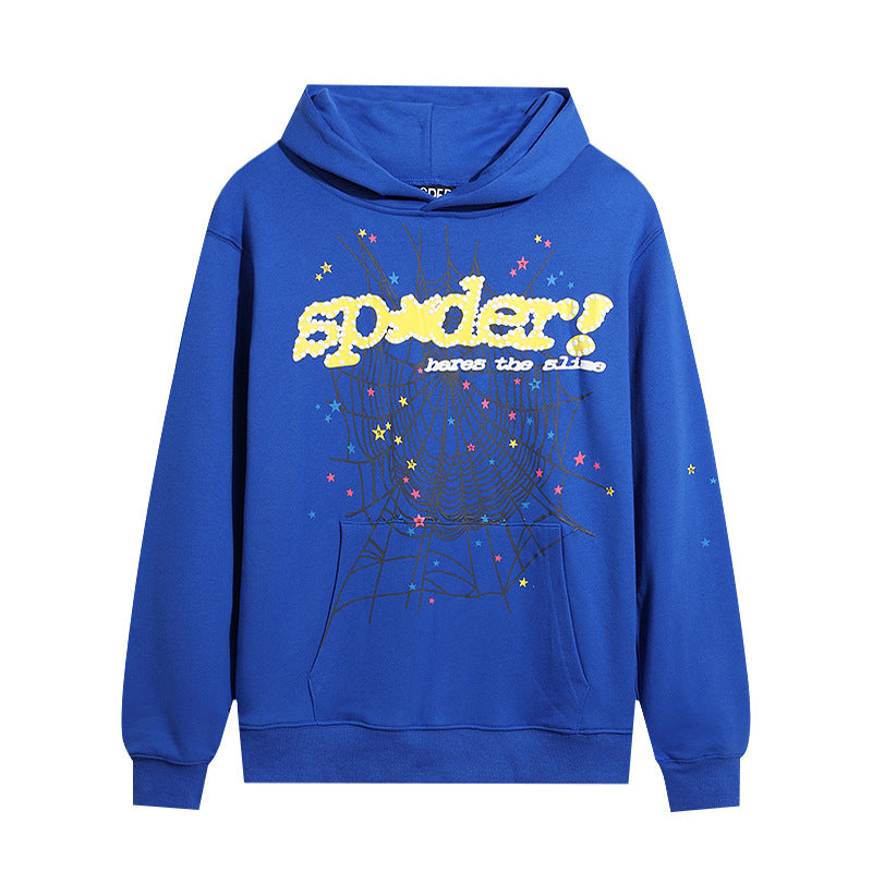 The Vivid Blue Sp5der Hoodie by Sp5der showcases streetwear fashion with a trendy design, featuring &quot;spider!&quot; in yellow on a black web print and colorful stars, plus &quot;have the time&quot; beneath.