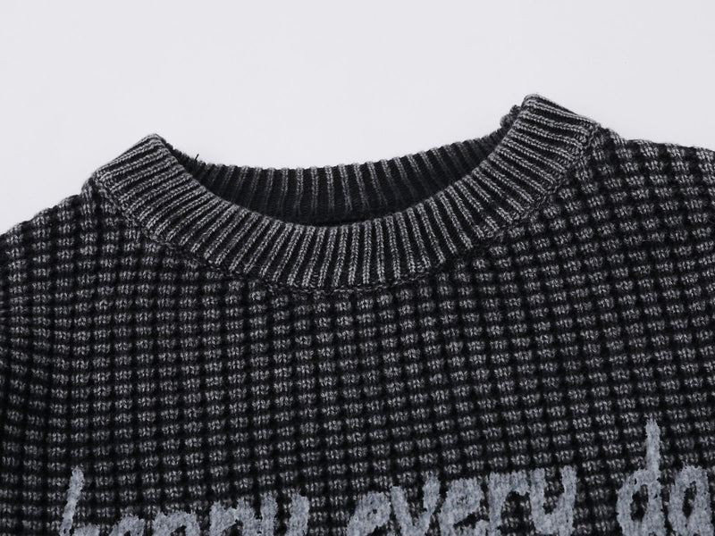 Men's Washed Distressed Waffle Knit Sweater with Graphic Lettering