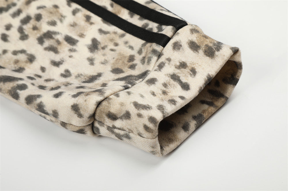 Embroidered Zip Up Hoodie – Leopard Print Streetwear with Side Stripe Detail
