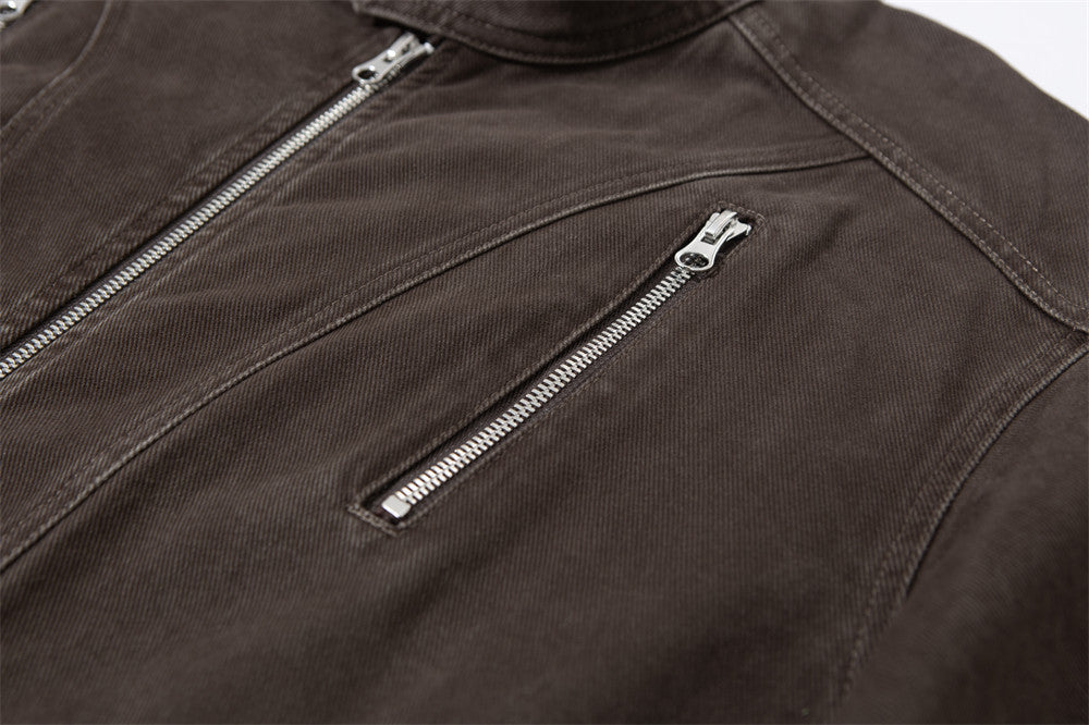 Men's Stand Collar Denim Jacket with Multi-Zip Pockets – Relaxed Fit Workwear