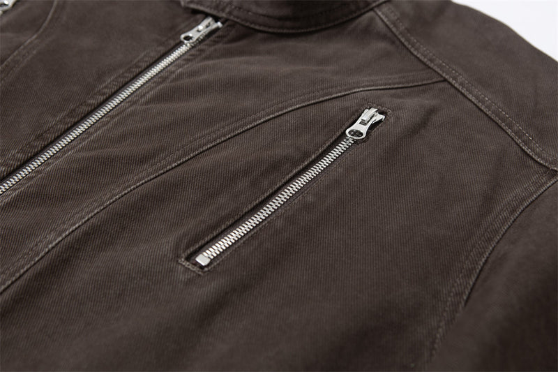 Men's Stand Collar Denim Jacket with Multi-Zip Pockets – Relaxed Fit Workwear