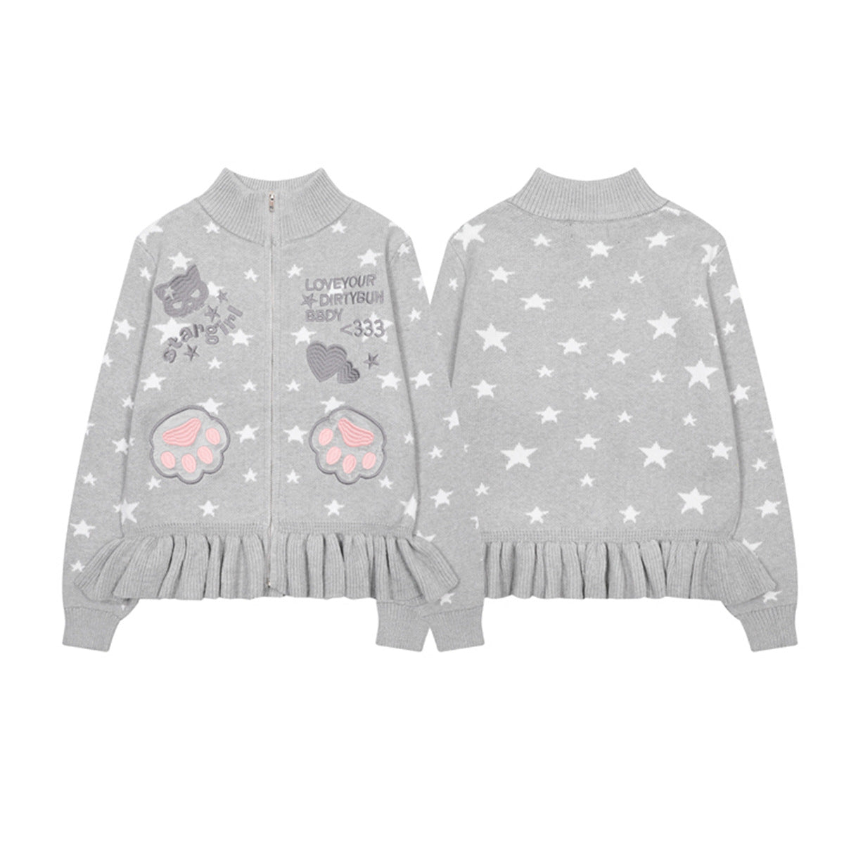 Star Print Zip-Up Knit Cardigan with Ruffle Hem & Cat Paw Embroidery