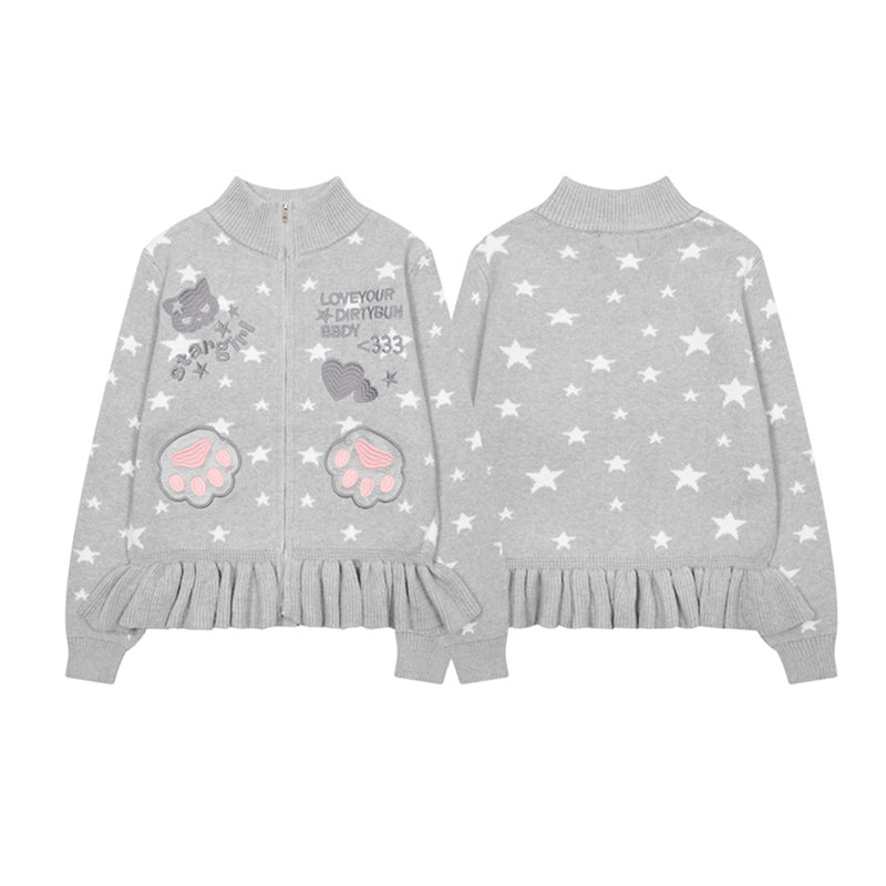 Star Print Zip-Up Knit Cardigan with Ruffle Hem & Cat Paw Embroidery