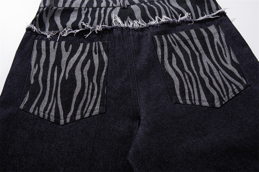 Wide-Leg Zebra Print Patchwork Jeans – Dark Wash Denim with Raw-Edge Waistband