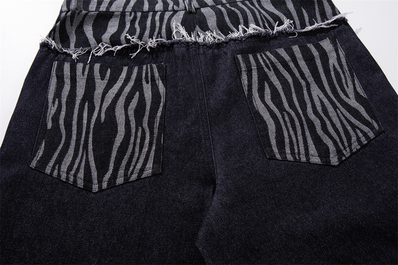 Wide-Leg Zebra Print Patchwork Jeans – Dark Wash Denim with Raw-Edge Waistband