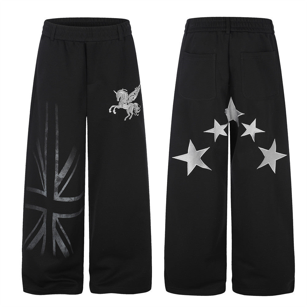 Pantalon de survêtement à jambes larges avec broderie Pégase, imprimé Union Jack et écussons étoile