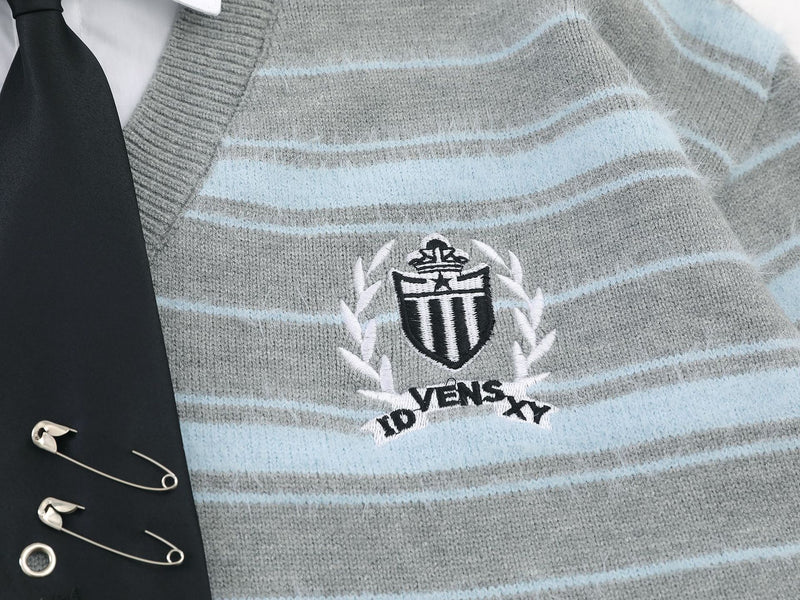 Striped Knit Sweater with Layered Shirt Collar and Tie Detail, Preppy Academy