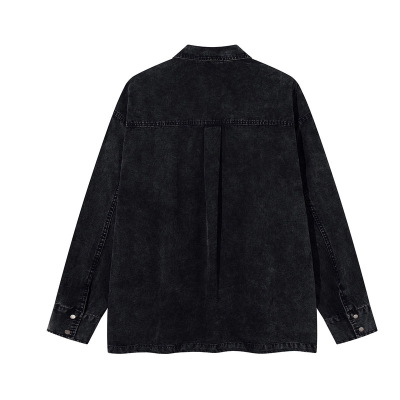 Acid Wash Denim Overshirt with Leather Patch Pockets & Snap Buttons