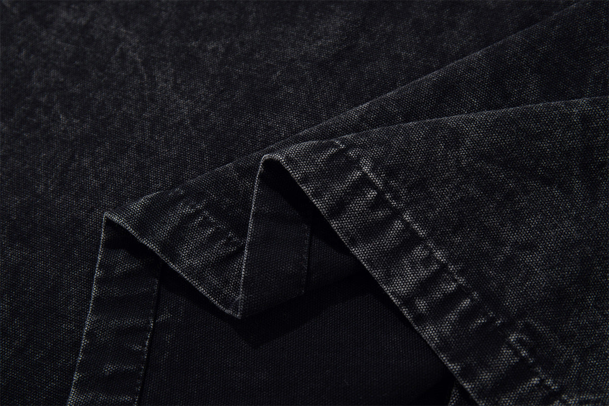 Washed Denim Shirt Jacket with Patchwork Pocket & Embroidered Collar