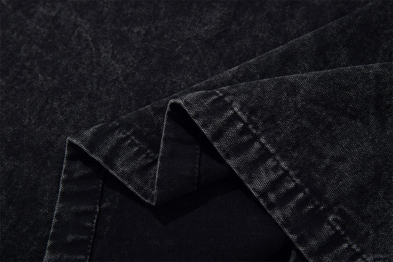 Washed Denim Shirt Jacket with Patchwork Pocket & Embroidered Collar