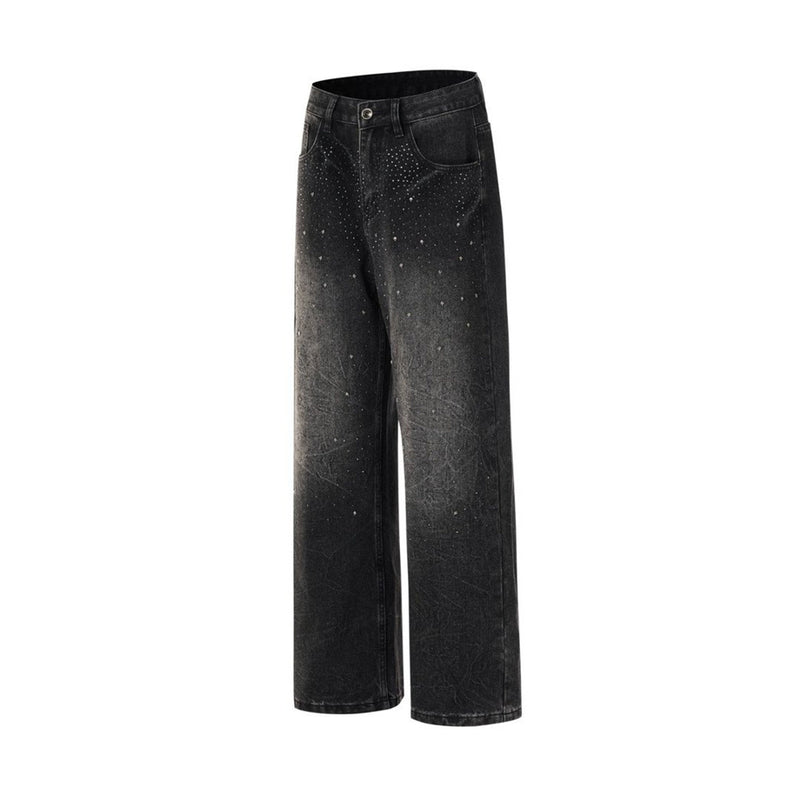 Men's Relaxed Fit Jeans – Washed Black Straight-Leg Rhinestone Star Denim