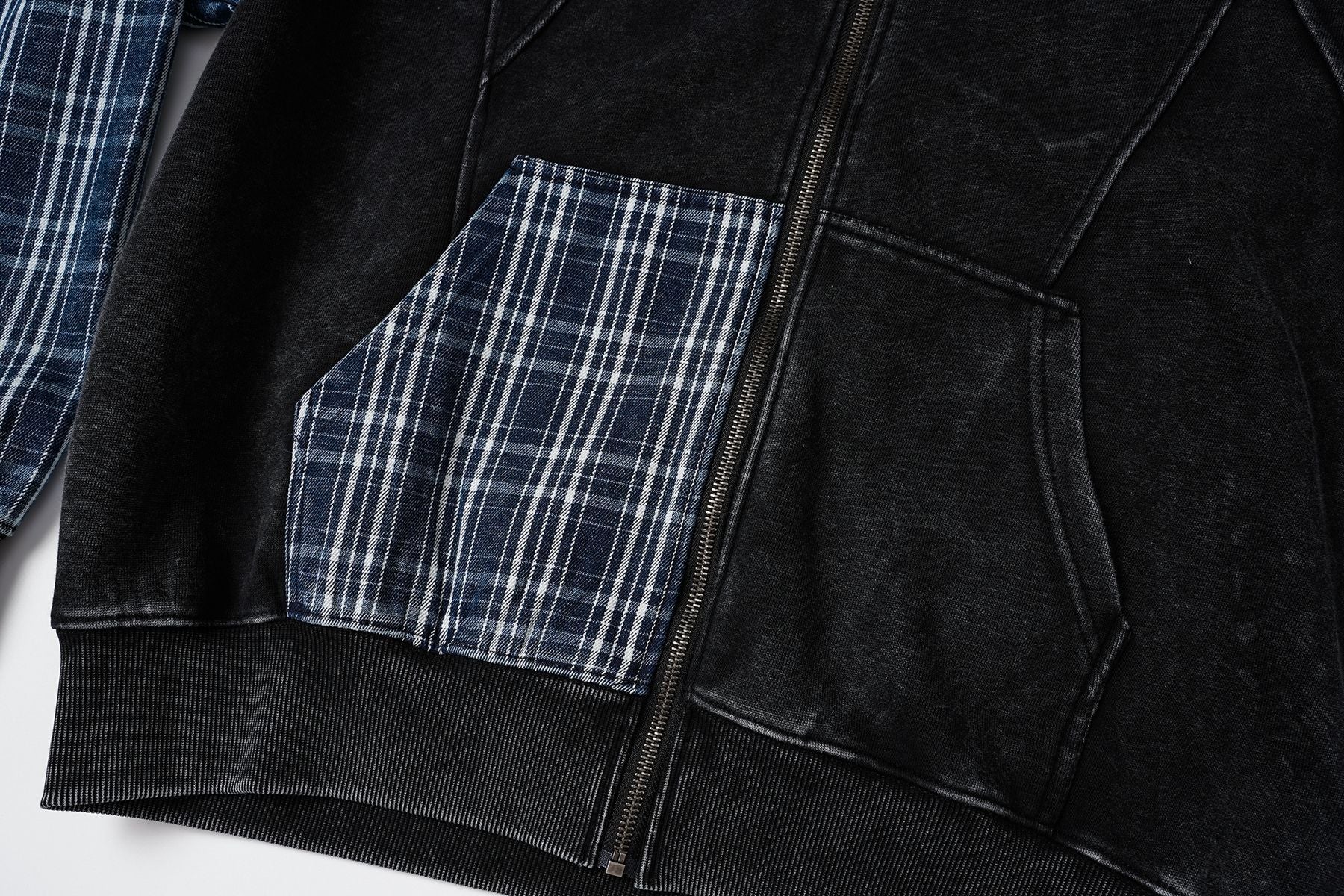 Sudadera con capucha y cremallera de patchwork de cuadros — Chaqueta extragrande de felpa y franela lavadas
