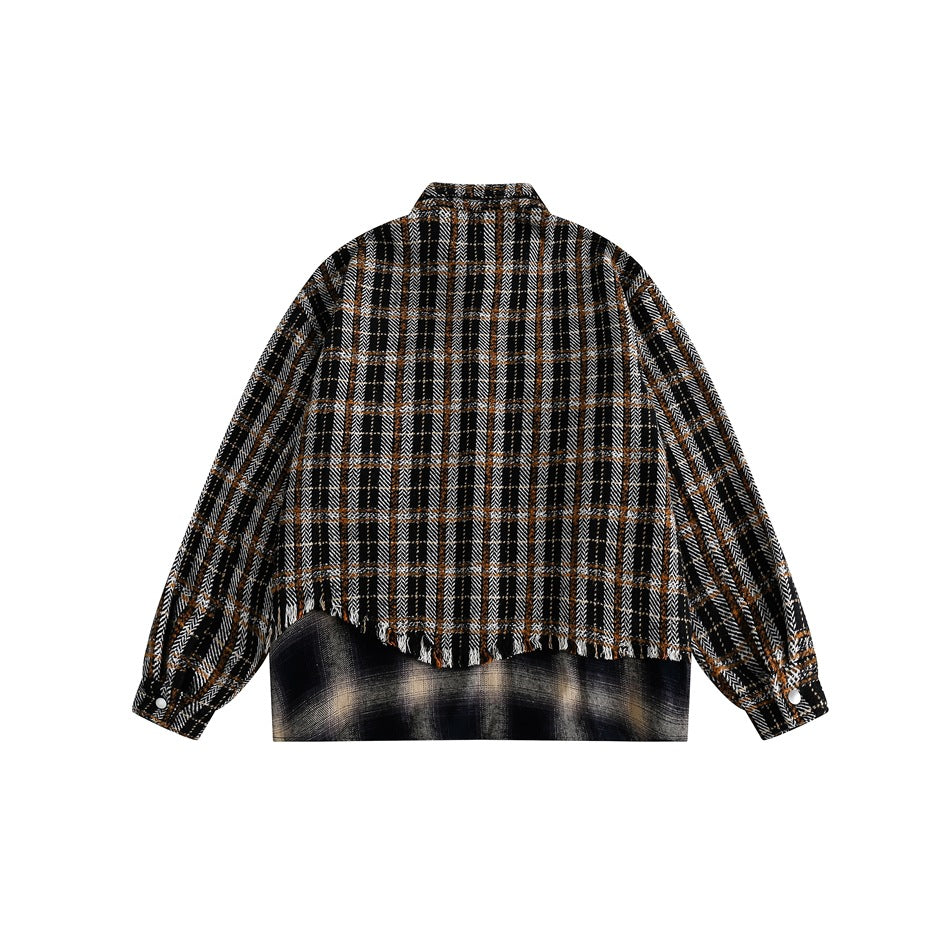 Vintage Plaid Patchwork Fringe Jacket – Oversized Unisex Overshirt
