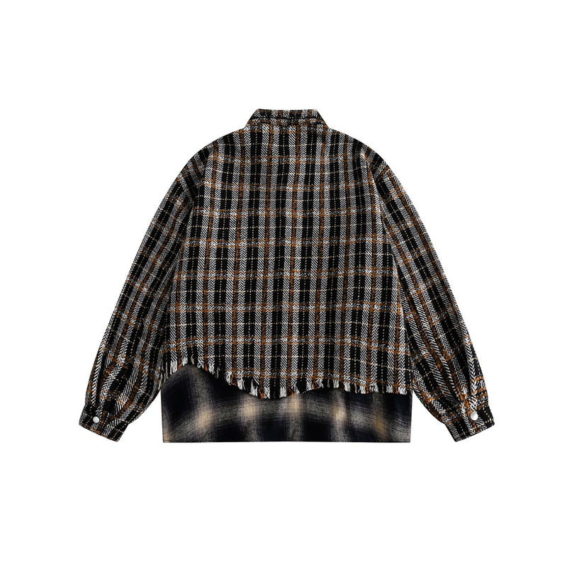 Vintage Plaid Patchwork Fringe Jacket – Oversized Unisex Overshirt