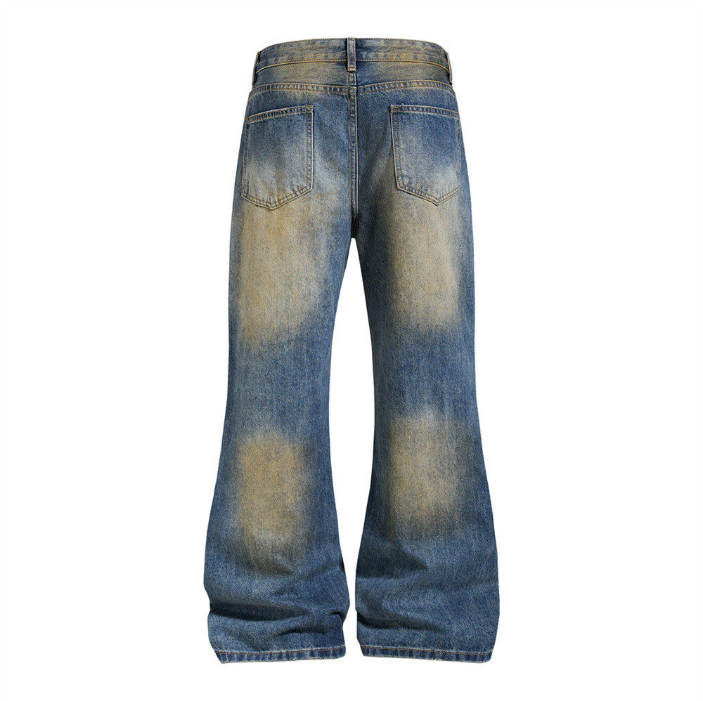 Men's Distressed Flare Jeans – Vintage Mud-Dye Wide Leg Denim