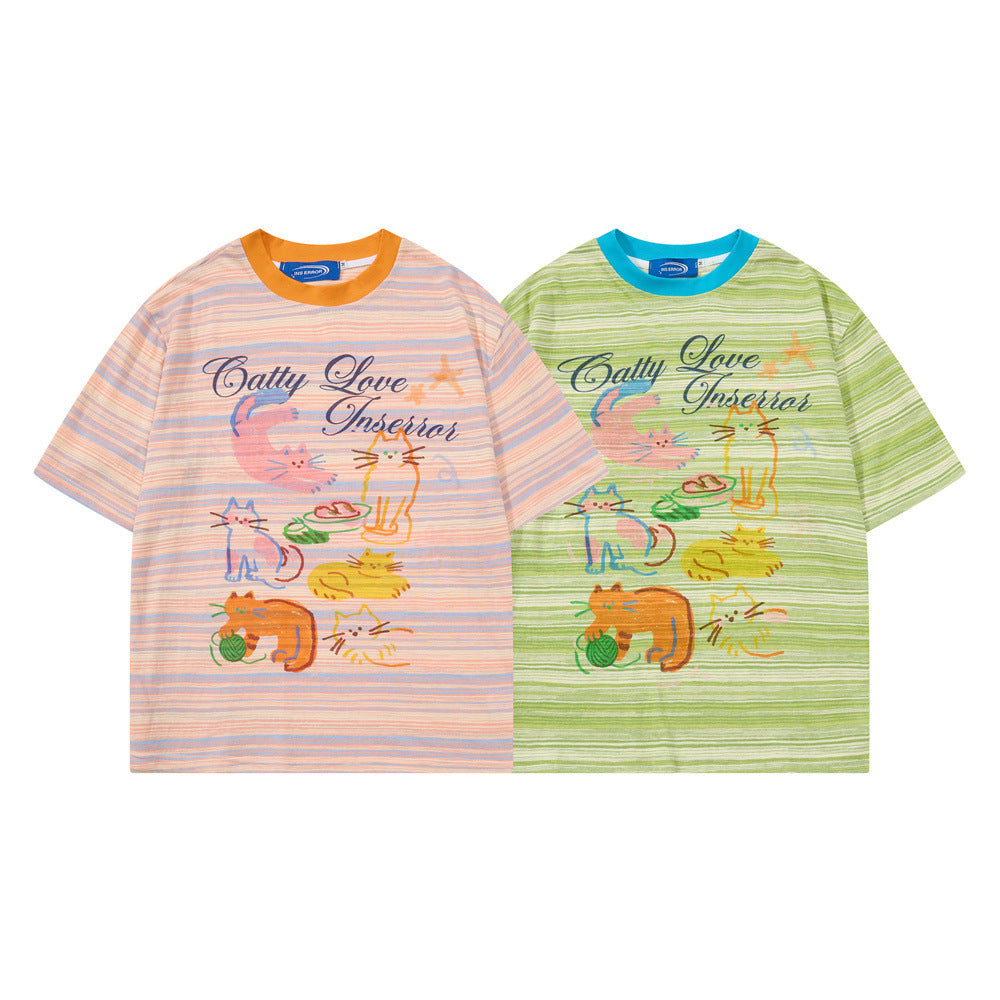 Catty Love Cartoon Cat Graphic Striped T-Shirt
