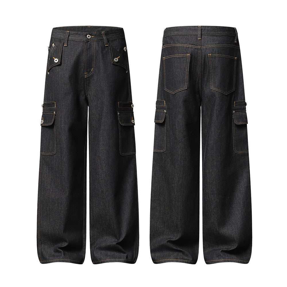 Men's Black Cargo Denim Jeans Wide-Leg Straight Fit with Large Pockets