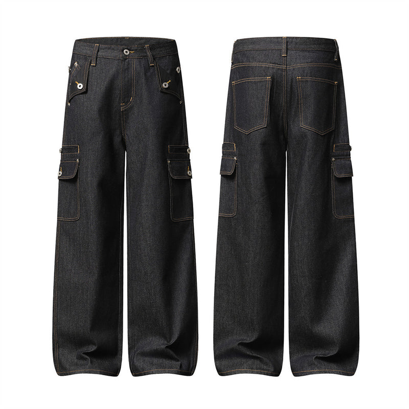 Men's Black Cargo Denim Jeans Wide-Leg Straight Fit with Large Pockets