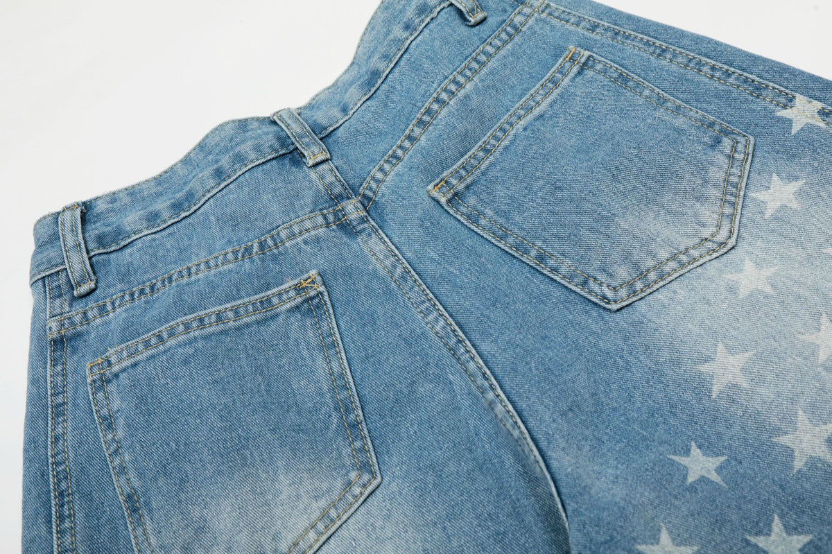 Baggy Star Print Jeans Wide-Leg Denim Pants