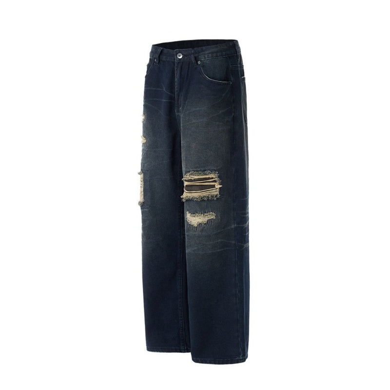 Men's Dark Wash Ripped Wide-Leg Jeans – Distressed Streetwear Denim