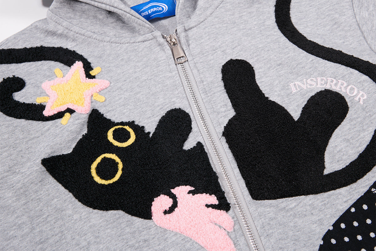 Sweat zippé gothique avec écusson chat brodé, ailes d’ange et capuche à oreilles de chat