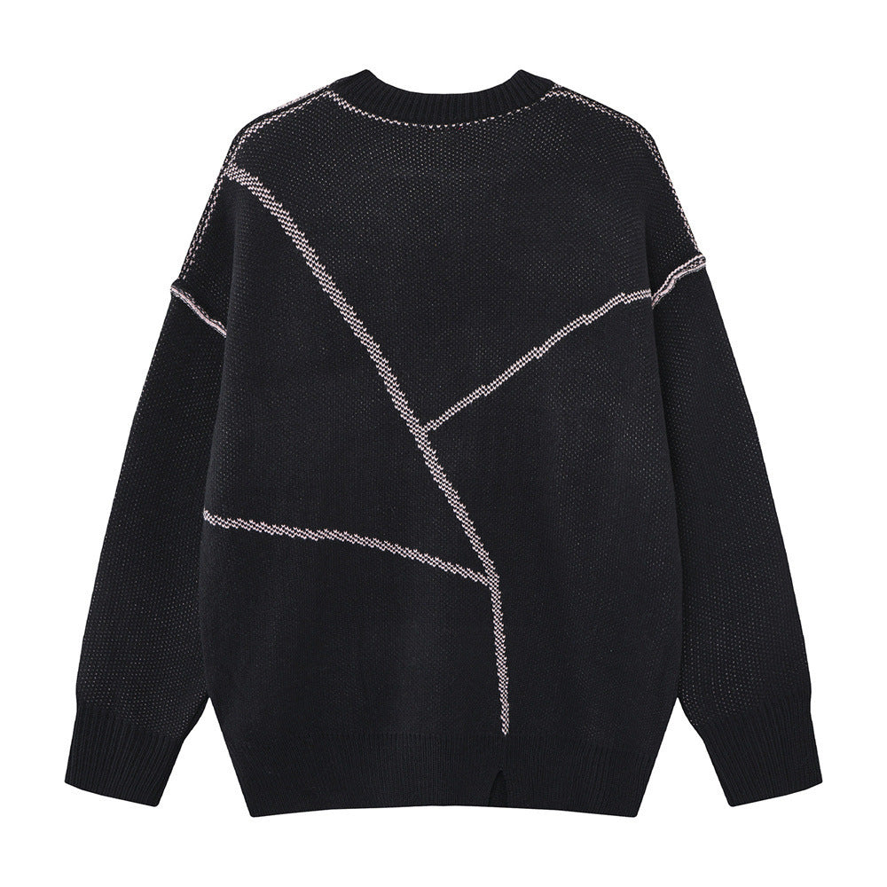 Oversized men crew neck sweater with large five-pointed star intarsia knit graphic in cream with black star and black with pi