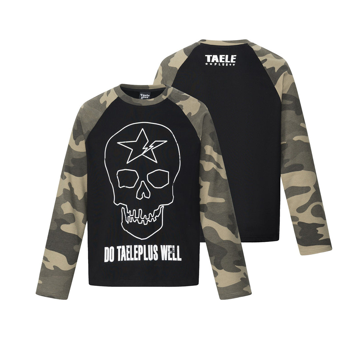 Camiseta raglán gótica de manga larga con camuflaje de calaveras — Camiseta streetwear de cuello redondo