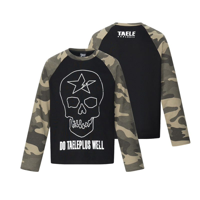 Camiseta raglán gótica de manga larga con camuflaje de calaveras — Camiseta streetwear de cuello redondo
