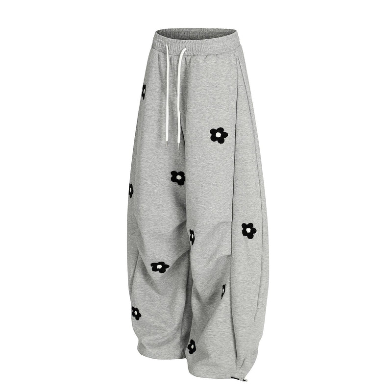 Pantalon de survêtement wide leg avec broderie florale intégrale et taille à cordon