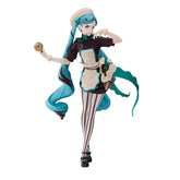 The Hatsune Miku Black Chocolate Pastry Chef 21cm PVC Figure depicts the animated character with long turquoise hair in a chef-inspired outfit, beret, apron, striped pants, and heels. Holding a dessert in one hand, this dynamic collectible captures her essence as an anime icon.