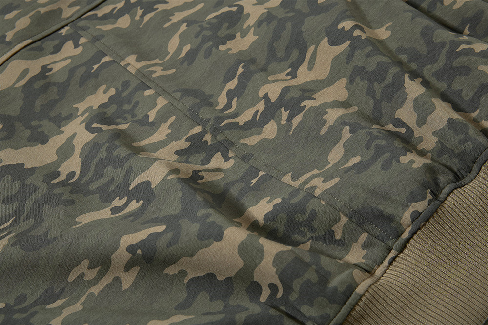 Blouson bomber homme camouflage à capuche, fermeture zippée et manches plissées