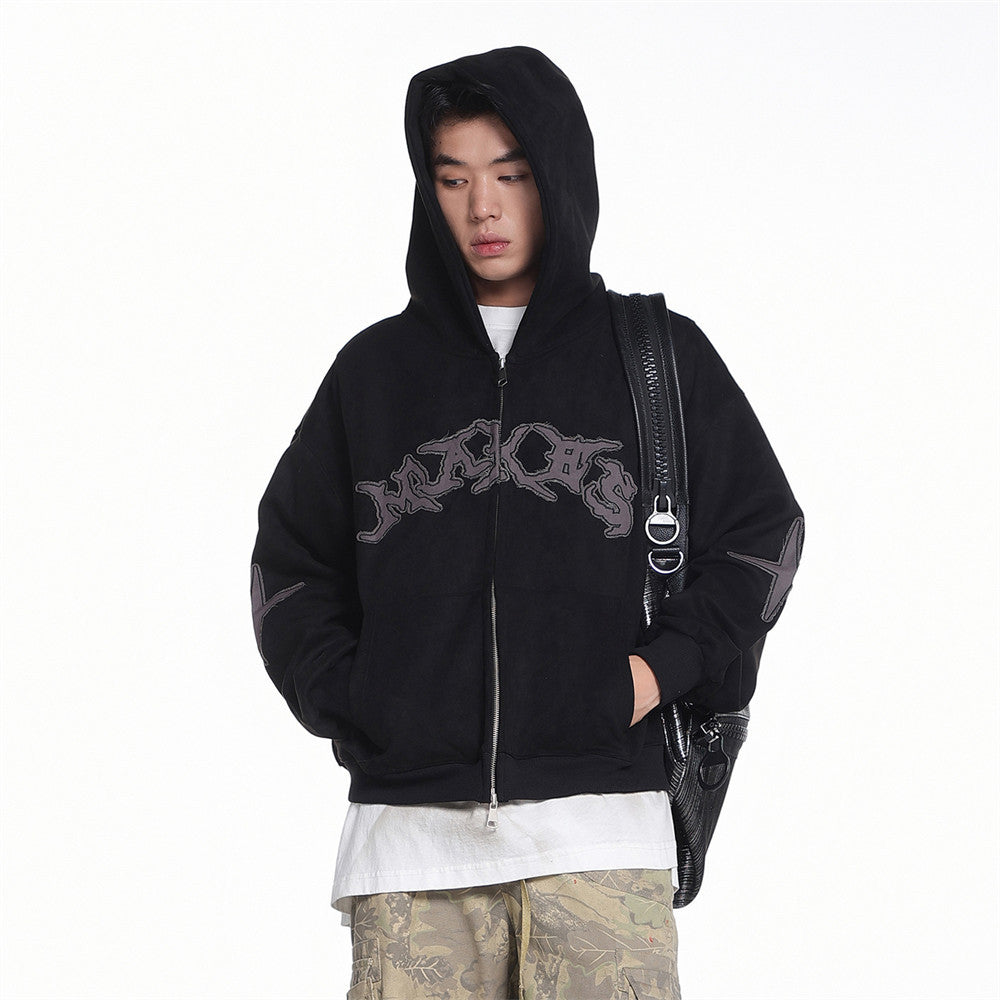 Baggy Zip Up Hoodie with Letter Appliqué — Oversized Streetwear Zip Hoodie