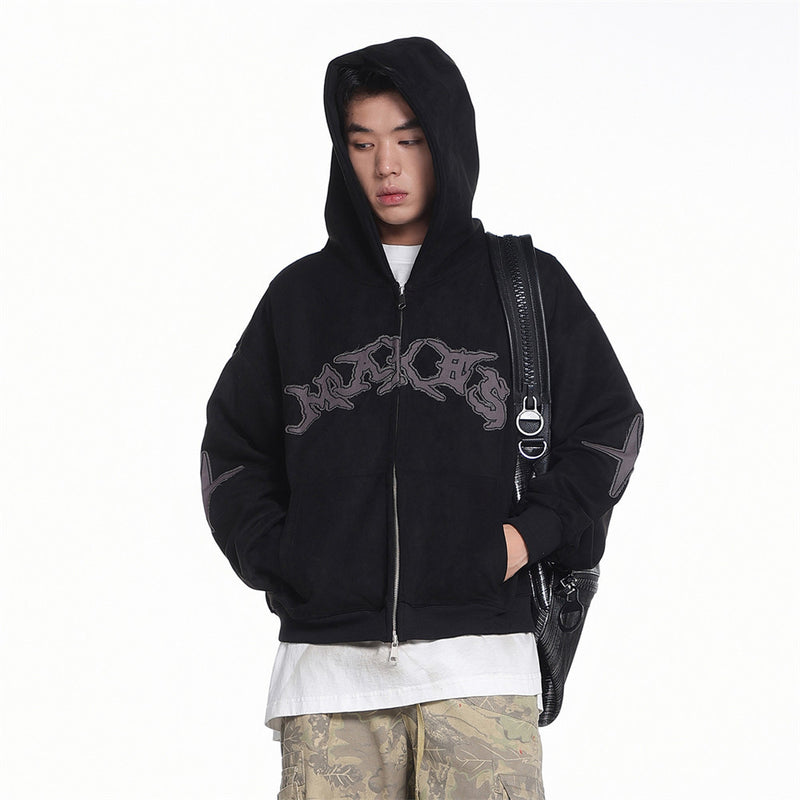 Baggy Zip Up Hoodie with Letter Appliqué — Oversized Streetwear Zip Hoodie