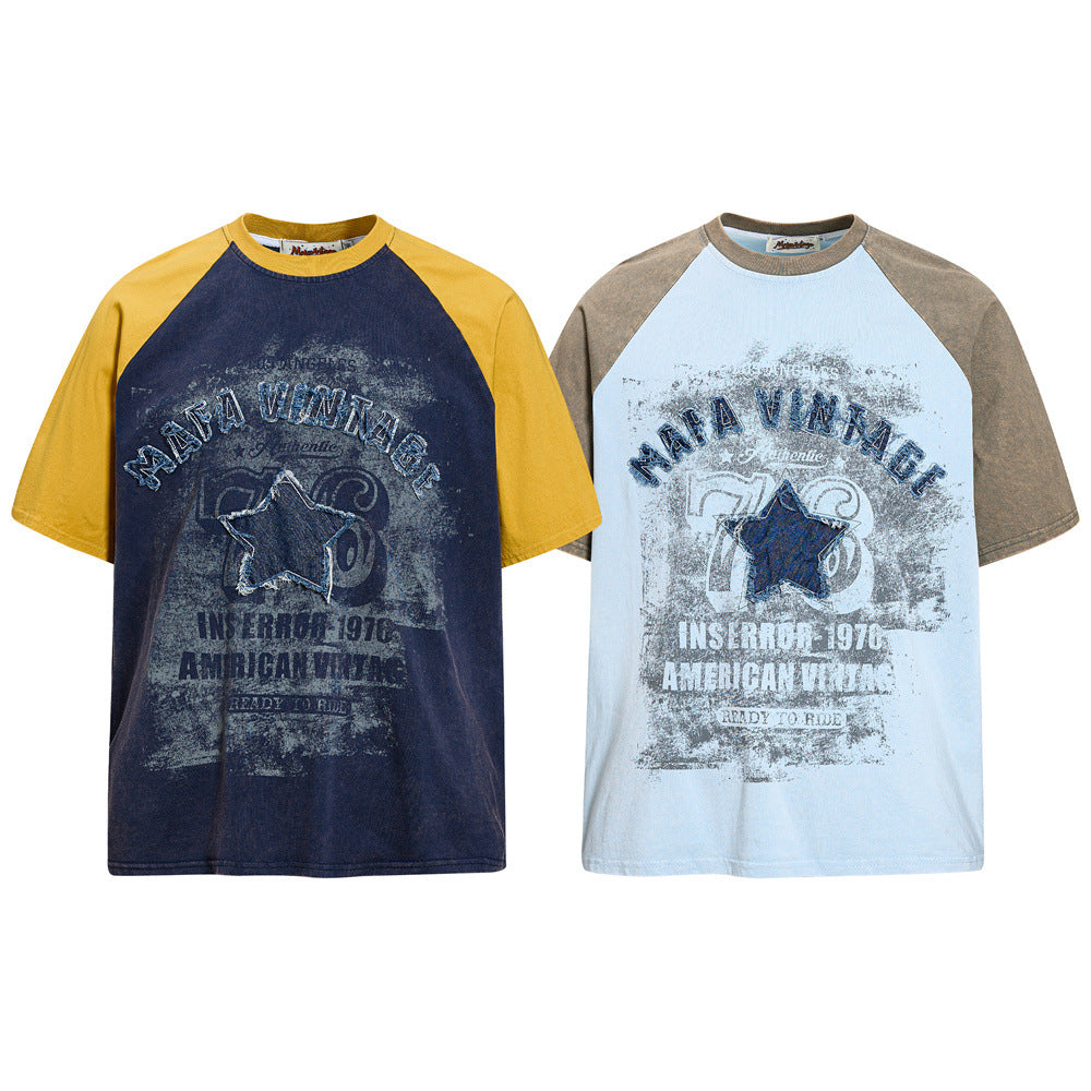Vintage star patch raglan colorblock T-shirts with distressed graphic print in navy yellow and light blue tan